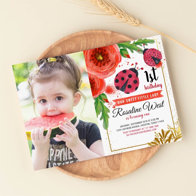 Red Floral Ladybug Watercolour 1st Birthday Photo Invitation (Creator Uploaded)