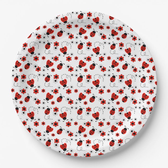 Red Floral Ladybugs Paper Plate (Front)