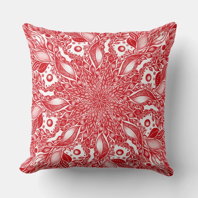 Red floral leaf mandala design cushion (Front)