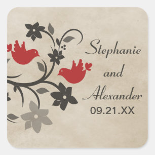 Red Floral Lovebirds Wedding Stickers
