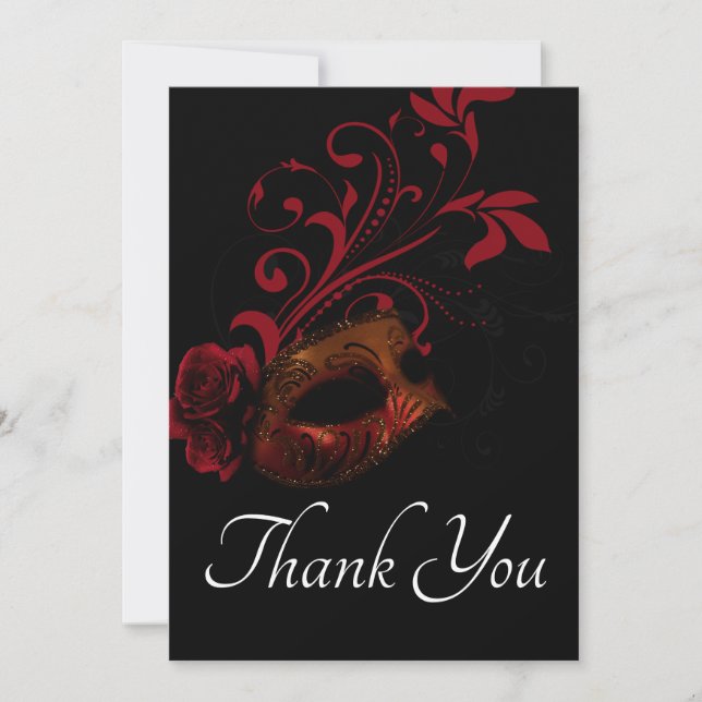 Red Floral Mask Thank You Card (Front)