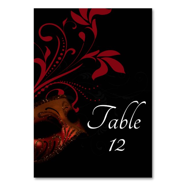 Red Floral Mask Wedding Table Card (Back)