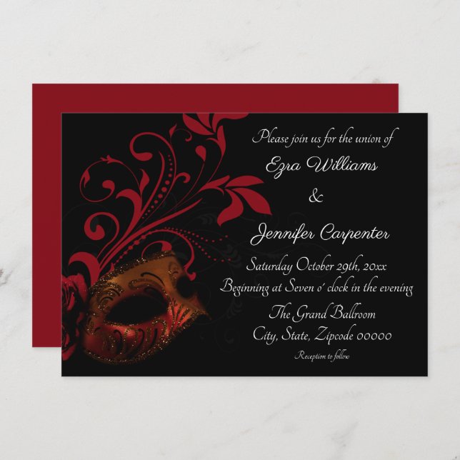 Red Floral Masquerade Wedding Invitation (Front/Back)
