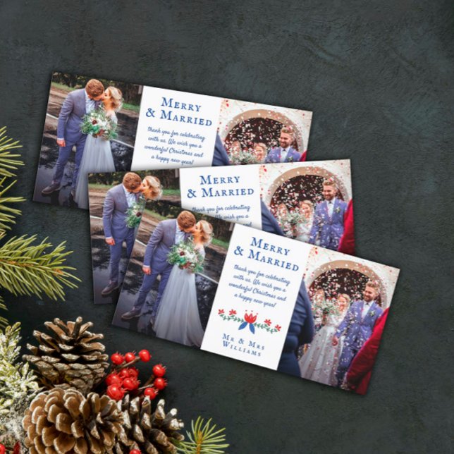 Red Floral Merry Married Wedding Photos Thank You Card (Creator Uploaded)