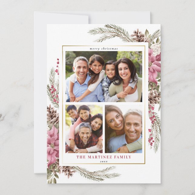 Red Floral Modern Botanical Berry Merry Christmas Holiday Card (Front)