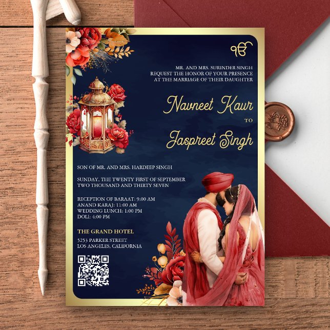 Red Floral Navy QR Code Anand Karaj Sikh Wedding Invitation (Creator Uploaded)