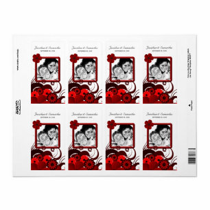 Red Floral on White Wedding Photo Favour Wine Labe