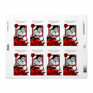 Red Floral on White Wedding Photo Favour Wine Labe