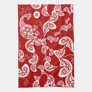 Red Floral Paisley Peacock Chic Elegant Stylish Tea Towel