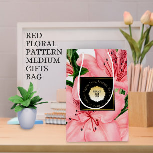Red Floral Pattern Add Your Business Name & Logo Medium Gift Bag