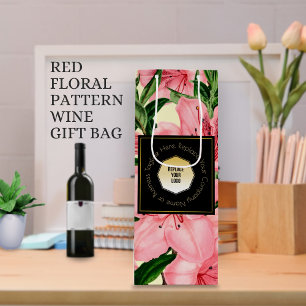 Red Floral Pattern Add Your Logo & Business Name  Wine Gift Bag