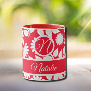 Red floral pattern  - monogrammed mug