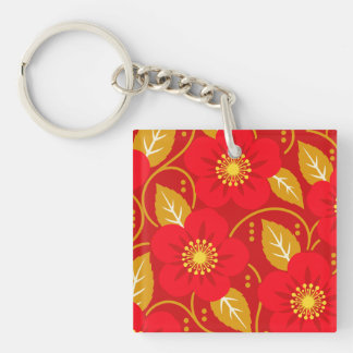 Red Floral Pattern on a Dark Red Background Key Ring