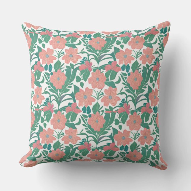 Red Floral Pattern  Throw Pillow  (Front)
