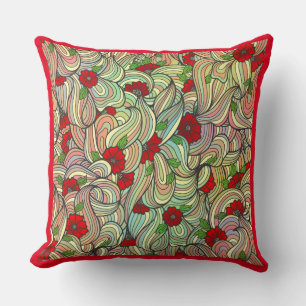 Red Floral Pattern with Colourful Soft Wavy Lines Cushion