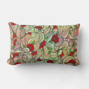 Red Floral Pattern with Colourful Soft Wavy Lines  Lumbar Cushion