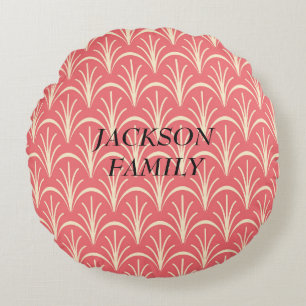 Red Floral Pattern with Family Name by storeman Round Cushion