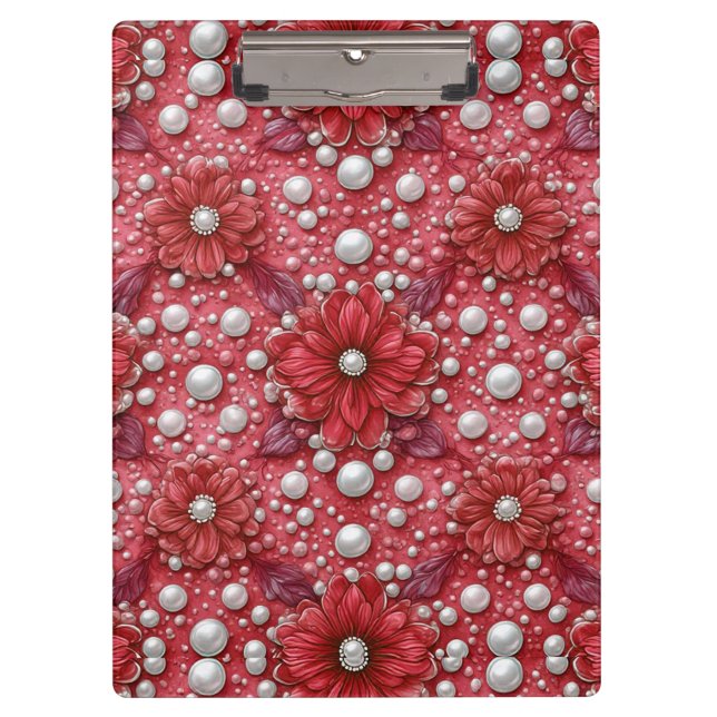 Red Floral Pattern With Pearl Accents Clipboard (Front)