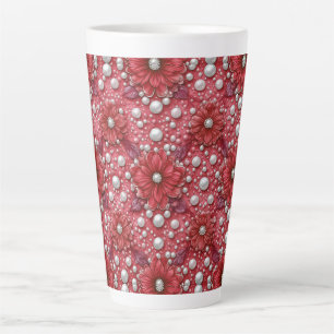 Red Floral Pattern With Pearl Accents Latte Mug