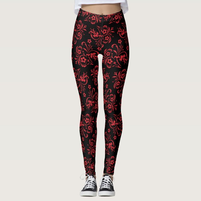 Red Floral Pattern Women's Athletic Leggings (Front)