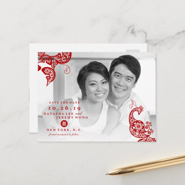 Red Floral Peacock Photo Chinese Save The Date Announcement Postcard (Front/Back In Situ)