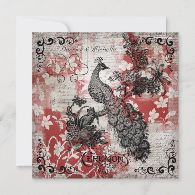Red Floral Peacock Wedding Invitation (Front)