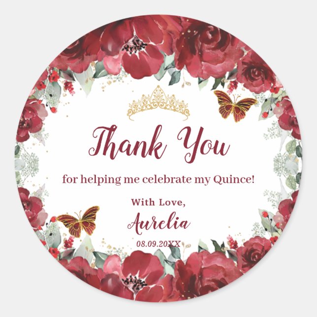 Red Floral Peony Butterflies Quinceanera Favour Classic Round Sticker (Front)