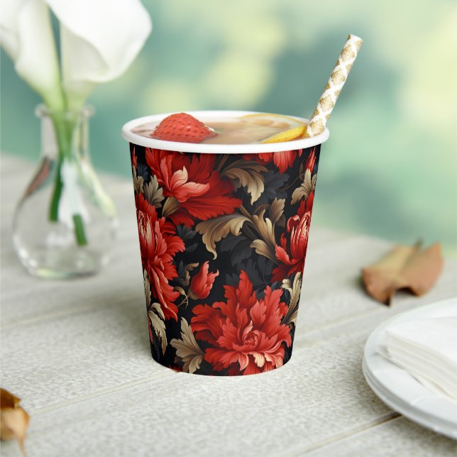 Red Floral Peony Modern Paper Cups (Insitu)
