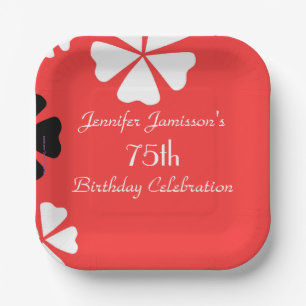 Red Floral Personalised 75th Birthday Party Paper Plate