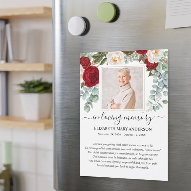 Red Floral Photo Sympathy Funeral Prayer Card (Creator Uploaded)