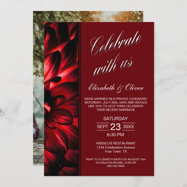 Red Floral Photo Wedding Reception Invitation (Front/Back)