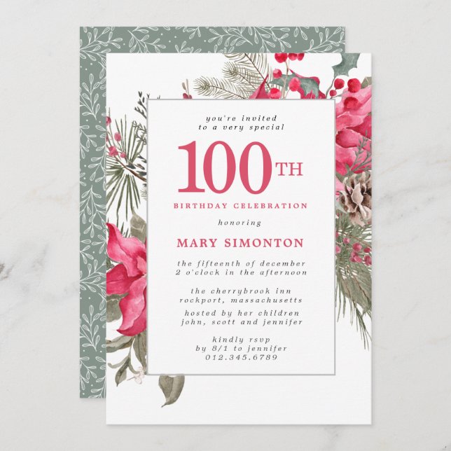 Red Floral Poinsettia 100th Birthday Party Invitation (Front/Back)