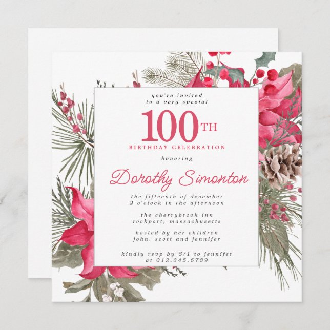 Red Floral Poinsettia 100th Birthday Party Square Invitation (Front/Back)