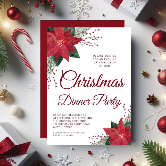 Red Floral Poinsettia Christmas Dinner Party Invitation (Red Floral Poinsettia Christmas Dinner Party Invitation)