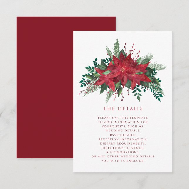 Red Floral Poinsettia Christmas Wedding Details Enclosure Card (Front/Back)