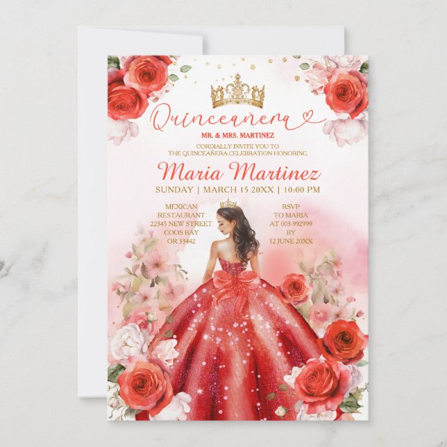 Red Floral Princess Dress Gold Crown Quinceañera Invitation (Front)