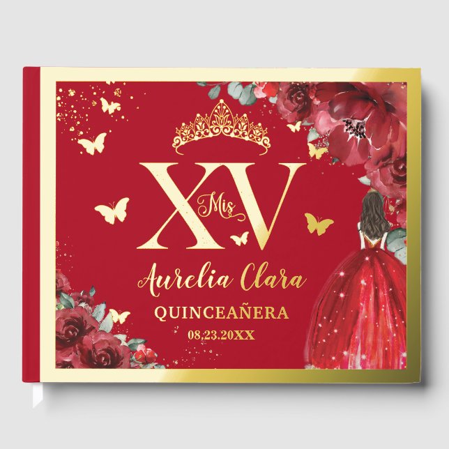 Red Floral Princess Dress Quinceañera Quince Gold Guest Book (Front)