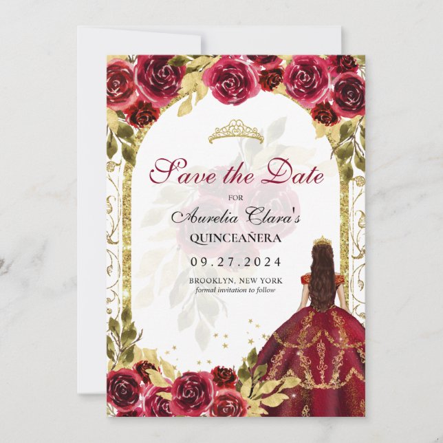 Red Floral Princess Gold Arch Quinceanera Announcement (Front)