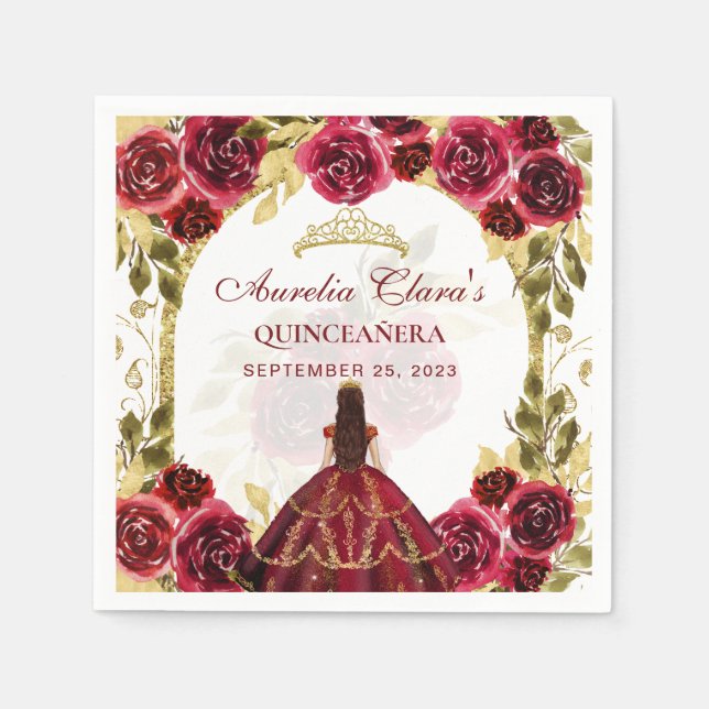 Red Floral Princess Gold Arch Quinceanera  Napkin (Front)