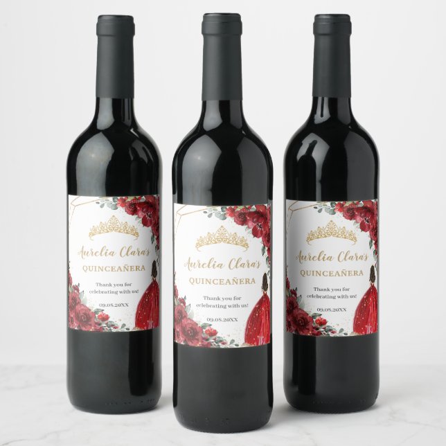 Red Floral Princess Gold Quinceañera Birthday  Wine Label (Bottles)