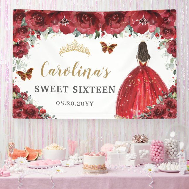 Red Floral Princess Gold Sweet Sixteen 16 Backdrop Banner (Party)