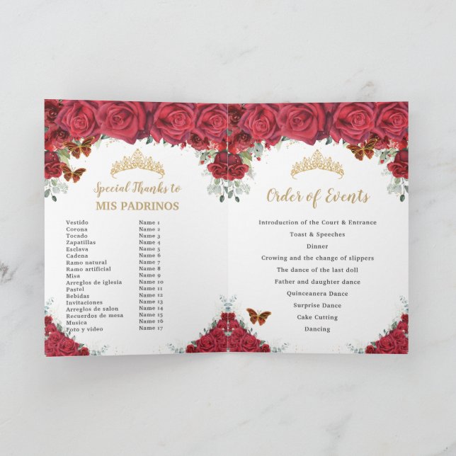 Red Floral Princess Quinceañera Order of Events Programme (Inside)