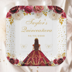 Red Floral Princess Quinceañera Paper Plate
