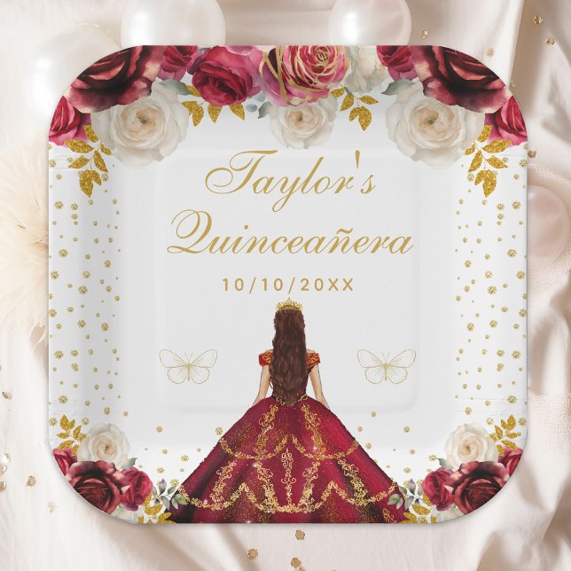Red Floral Princess Quinceañera Paper Plate (Creator Uploaded)