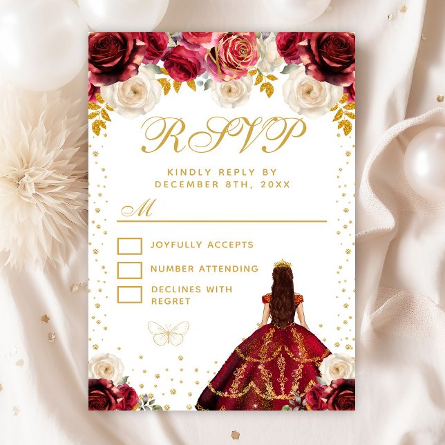 Red Floral Princess Quinceañera RSVP Card (Creator Uploaded)