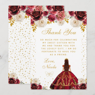 Red Floral Princess Quinceañera Thank You Card