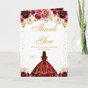 Red Floral Princess Quinceañera Thank You Card