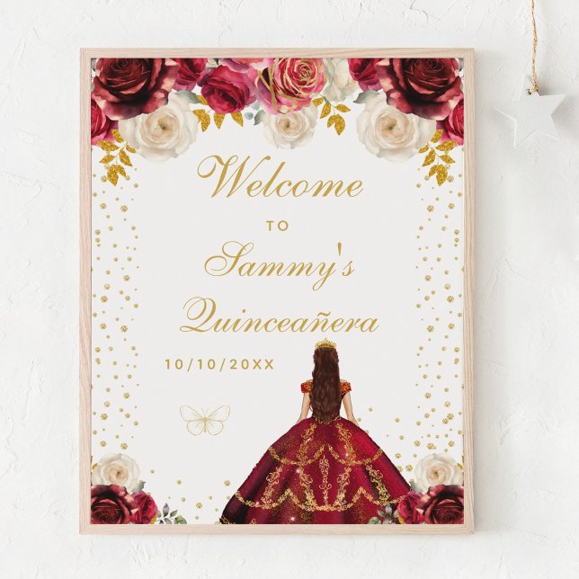 Red Floral Princess Quinceañera Welcome Poster (Creator Uploaded)