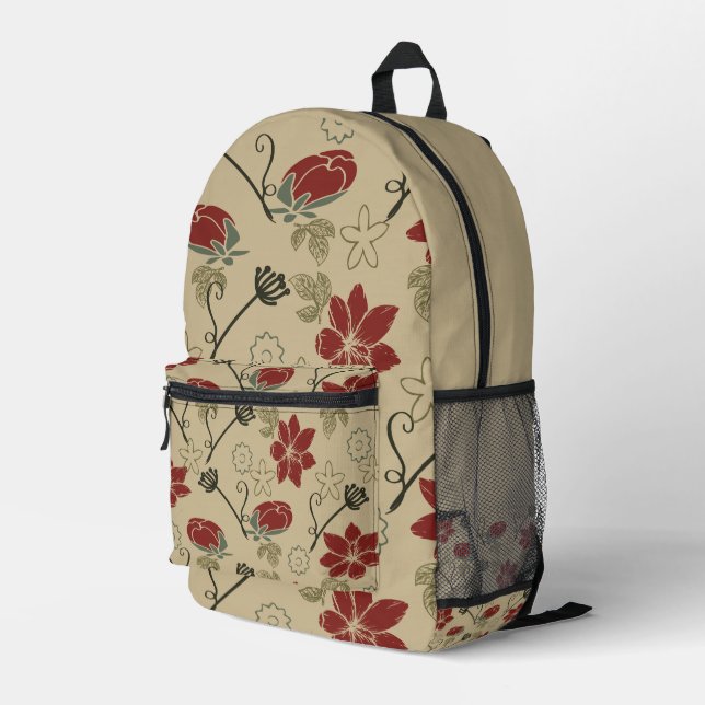 Red Floral  Printed Backpack (Back Corner Right)