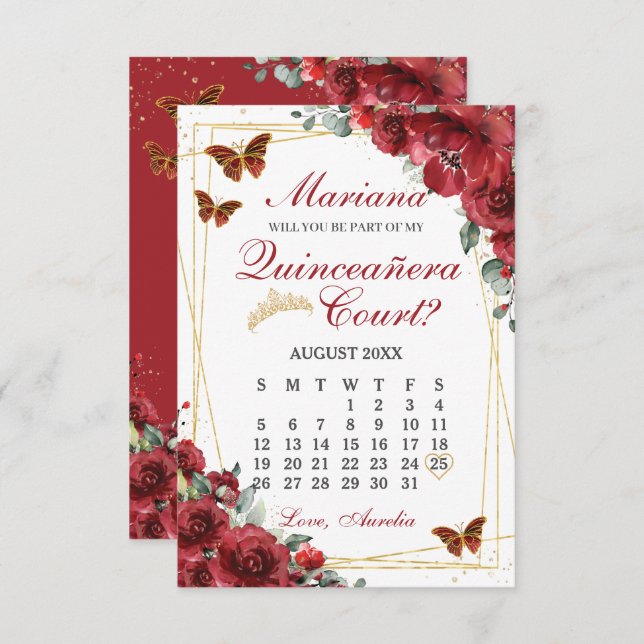 Red Floral Quinceanera 15 Court Proposal Card (Front/Back)
